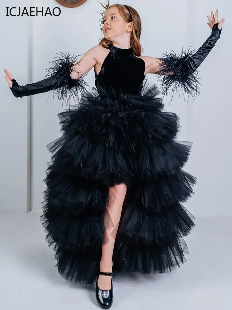 Robe noire en tulle haut-bas pour filles, col licou, robe de soirée élégante pour enfants, tenue formelle élégante avec jupe à plusieurs niveaux