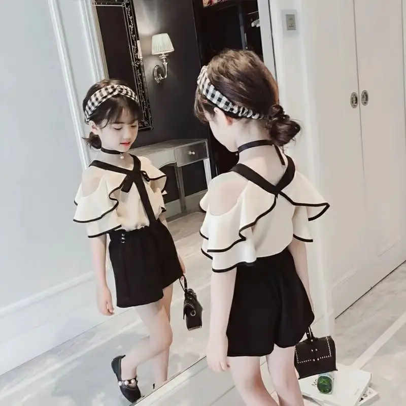 

Girls Suits 2025 New Summer Children Clothing Casual Short Sleeve Backless +Shorts 2Pcs Set Girls Clothes 4 5 6 7 9 10 11 Years