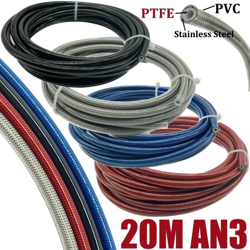 20M AN3 Motorcycle Braided PVC Stainless Steel PTFE Brake Line Hose FLUID HYDRAULIC Hose Racing Brake Gas Oil Fuel Tube Pipe