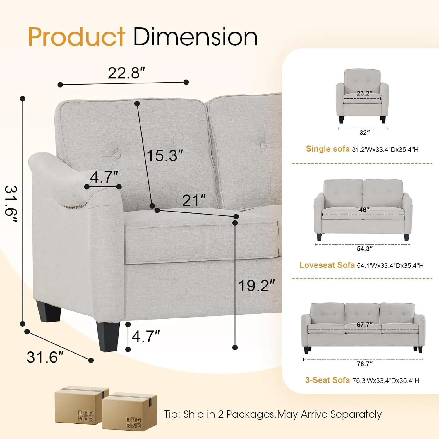3-Piece Sofa Set Tufted Back Curved Armrest Nailhead Trim Linen Living Room Beige, Customized