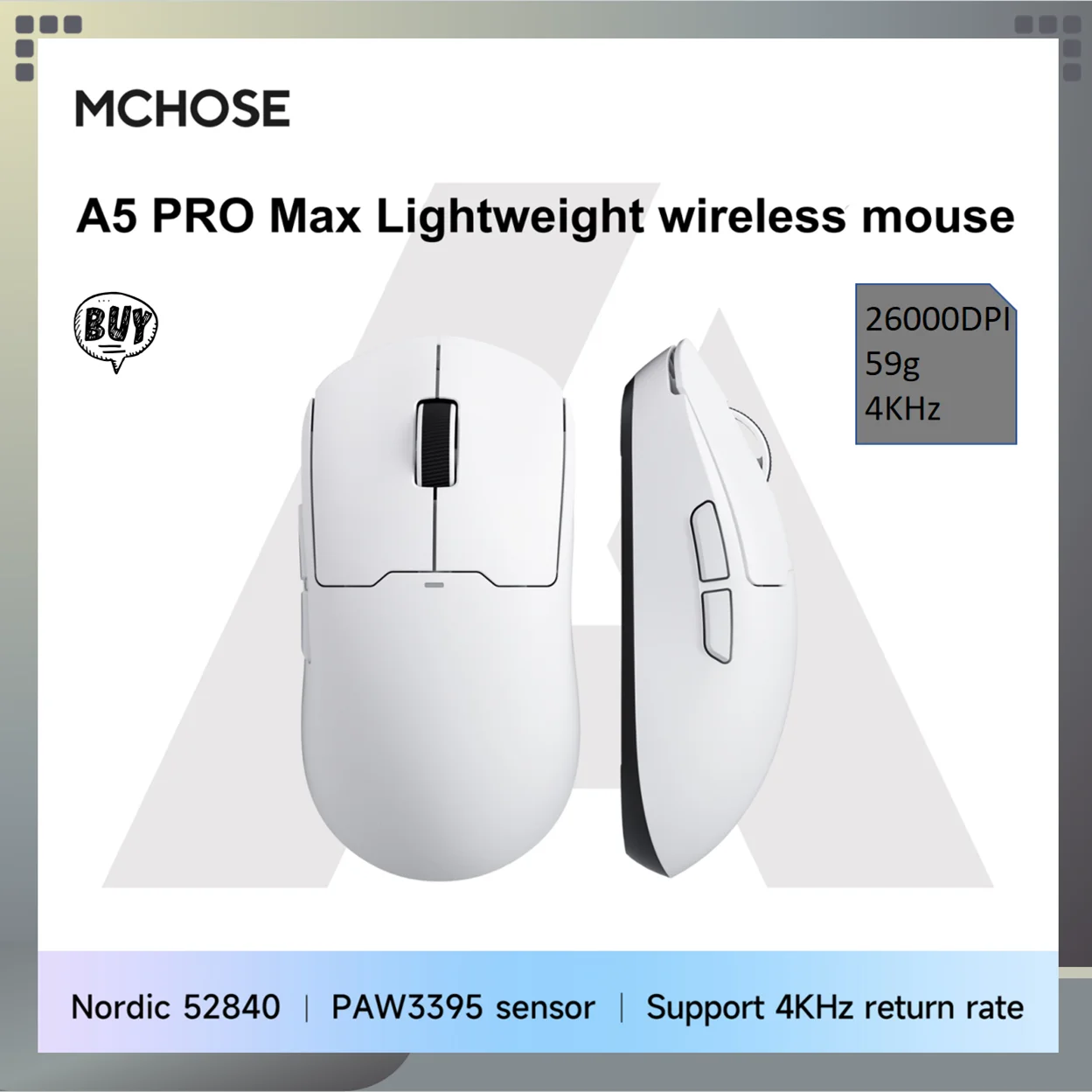 

MCHOSE A5 PRO MAX/A5 PRO/A5 Ultra Lightweight wireless mouse,Nordic 52840 Master,PAW3395 Sensor,26000DPI,59g,4KHz return rate