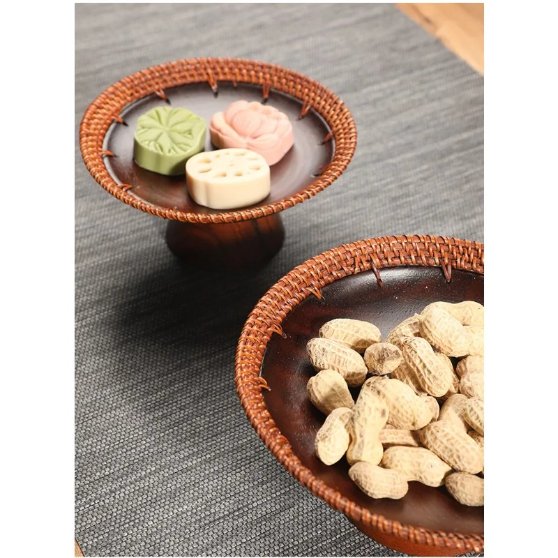 Chinese Handmade Rattan Tall Walnut Fruit Plate Dim Sum Melon Seed Pastry Dried Fruit Tea Plate