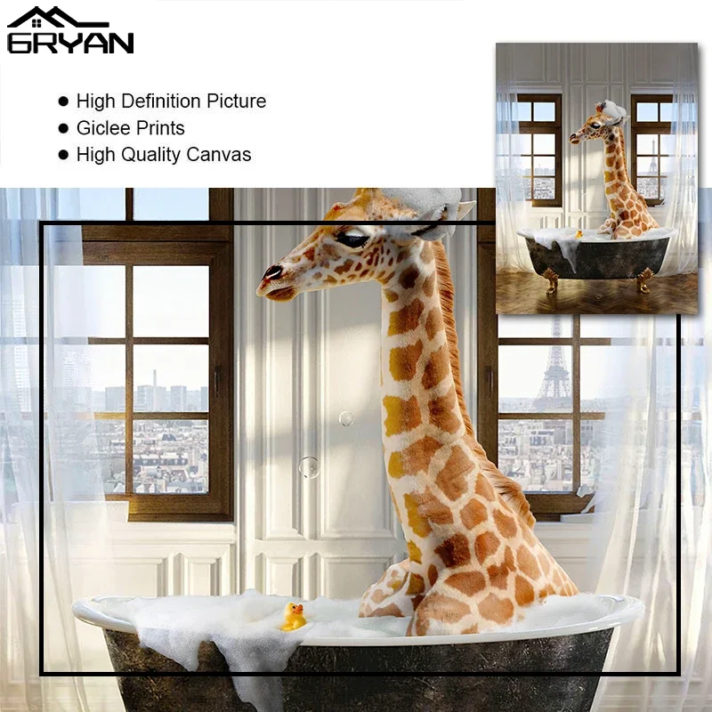 Bathroom Wall Art Poster Giraffe Elephant Panda Alpaca Shower Painting Color Black White Animal Bathtub Home Decoration Pictures