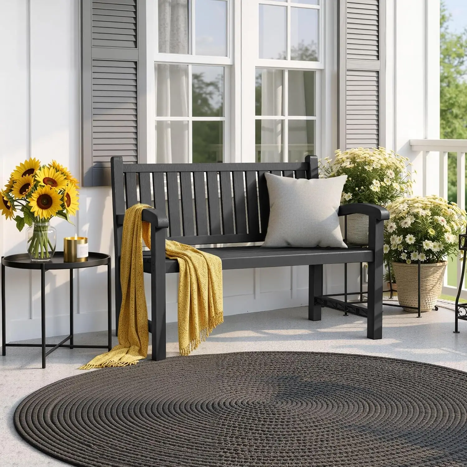 Outdoor Bench 2-Person Resin Patio Chair Waterproof Slatted Sturdy Frame Garden Backyard Porch Park Seating, Customized