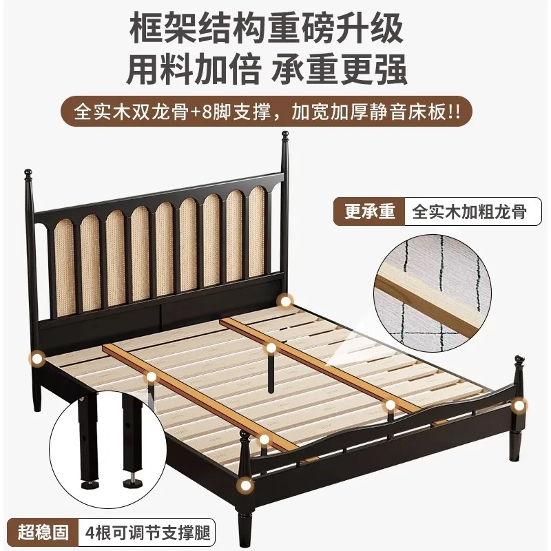 French retro black rattan bed master bedroom 1.8m double bed Nordic medieval bed and breakfast
