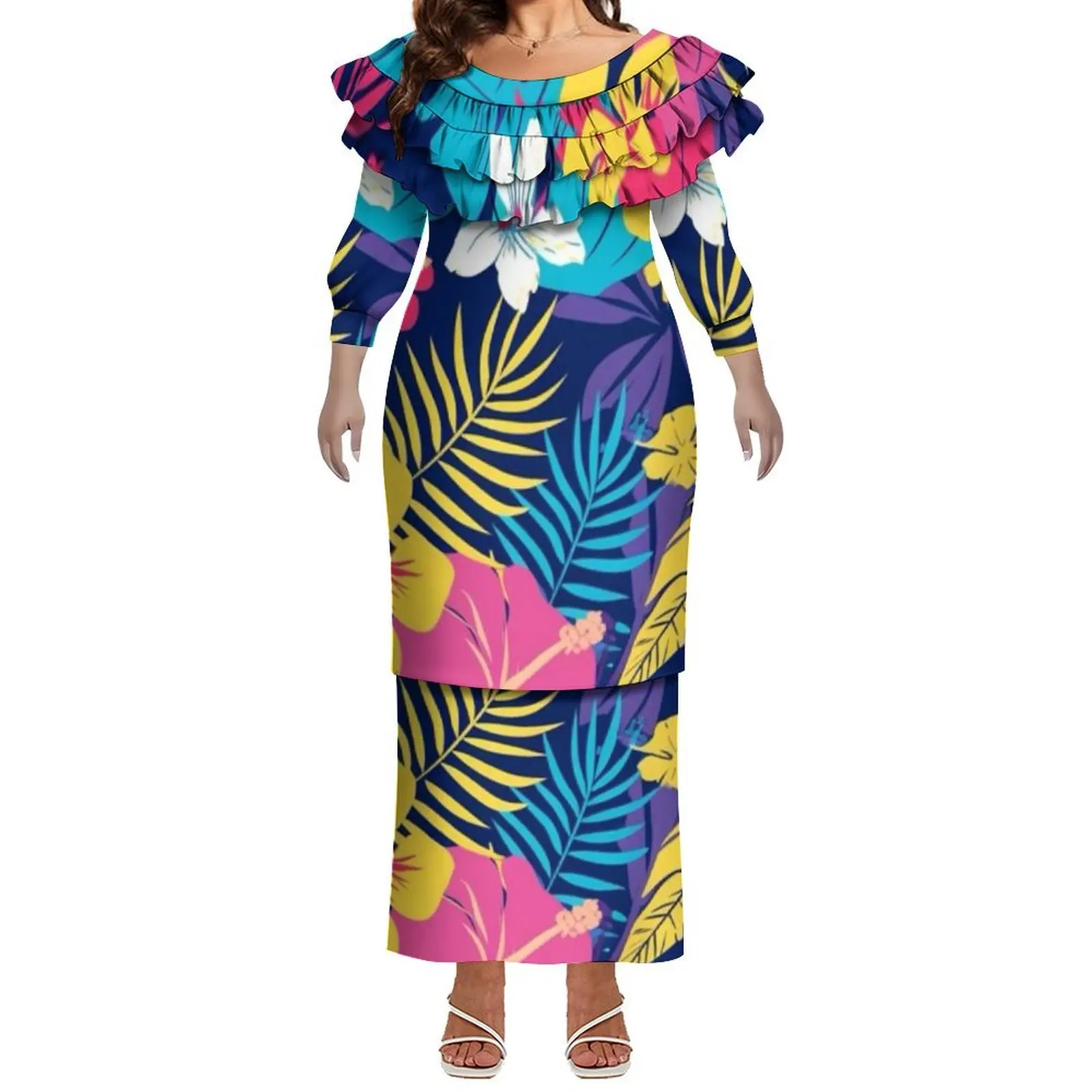 Polynesian Custom-Made Dress With Hibiscus Pattern And Lotus Leaf Lace Puletasi Suit Dress For Women Long Evening Dress