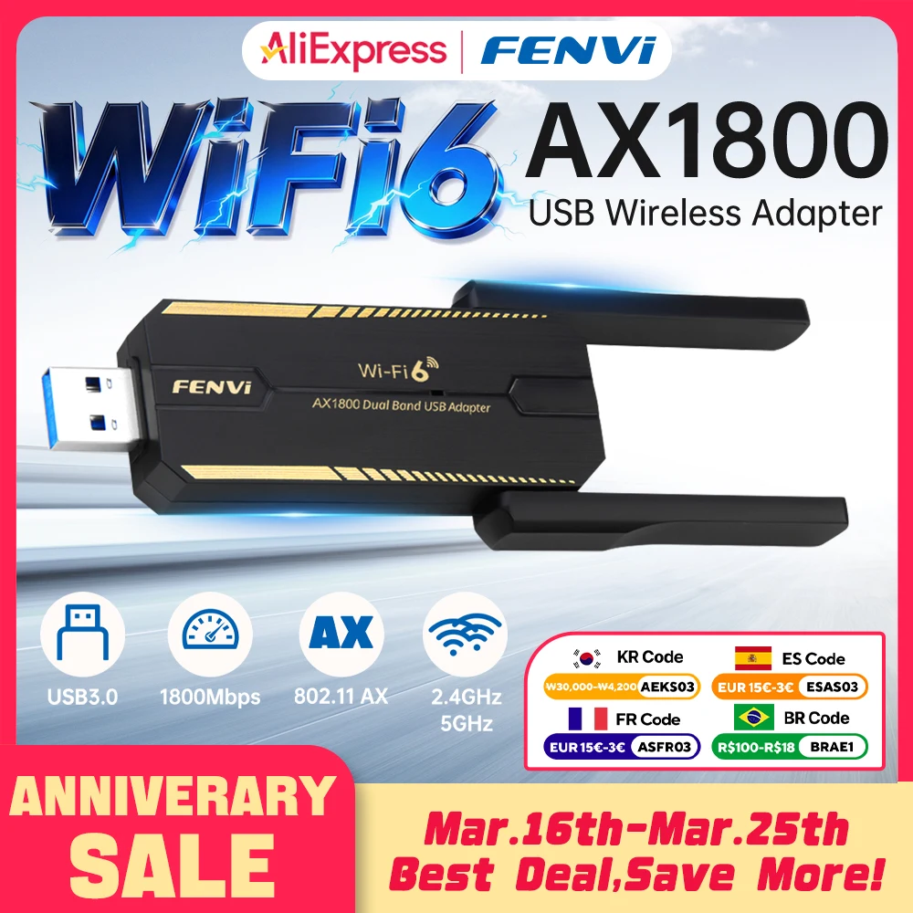 

fenvi WiFi 6 AX1800 USB Adapter Dual Band 2.4G/5GHz USB 3.0 Dongle Network Receiver Driver Free Win 10/11 for Laptop Desktop