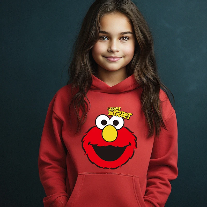 Sesame Street printed children's clothing autumn and winter plus velvet hoodie kids sports sweater red top for girls