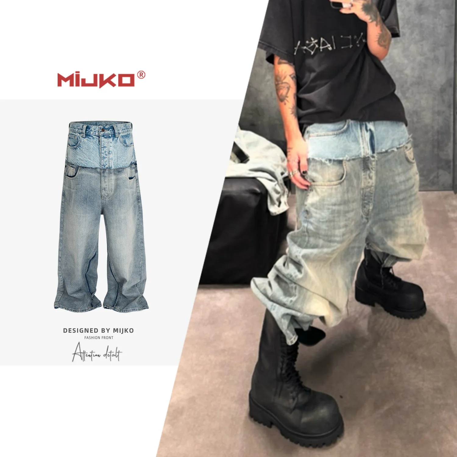 Calças Jeans Baggy Unissex Estilo Parisiense  Show  Destroyed com Cintura Dupla Camada e Patchwork, Algodão Casual Elás...