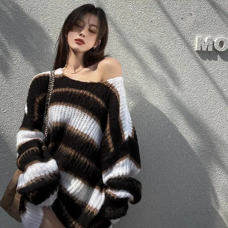 

Dopamine Hollow Sweater 2024 New Style Loose Lazy Style Off-Shoulder Korean Style Top Women Striped Mid-Length