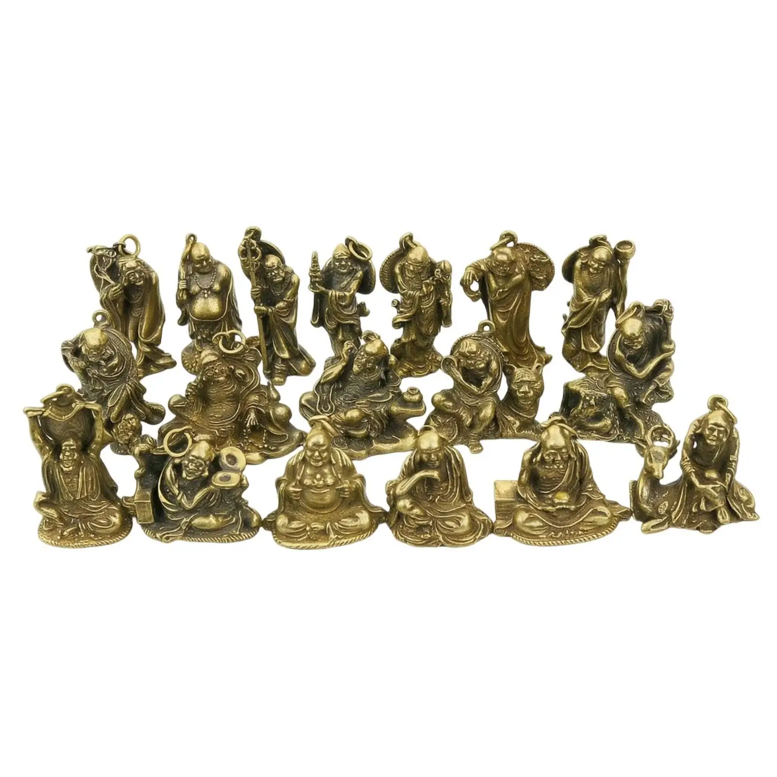 18 Pieces Arhat Figurines Solid Brass Buddhist Statues Antique-Style Figurines with Hanging Loop for Buddhists, Collectors,
