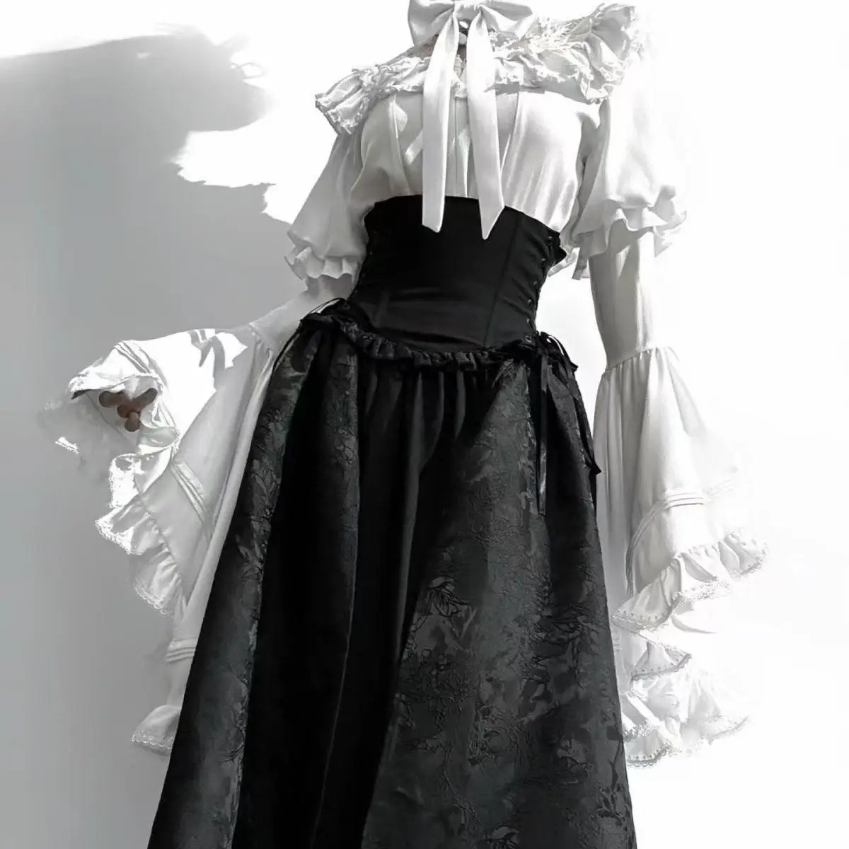 Retro European Style Lolita Ladies Lace Large Sleeve Dark Stripe Half Skirt Suit Vintage Palace Banquet Carnival Event Uniform