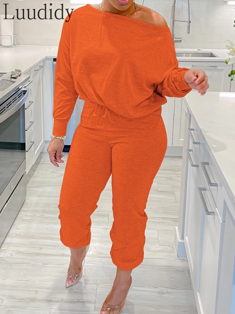 Women Casual Long Sleeve Top and Drawstring Cuffed Pants Set