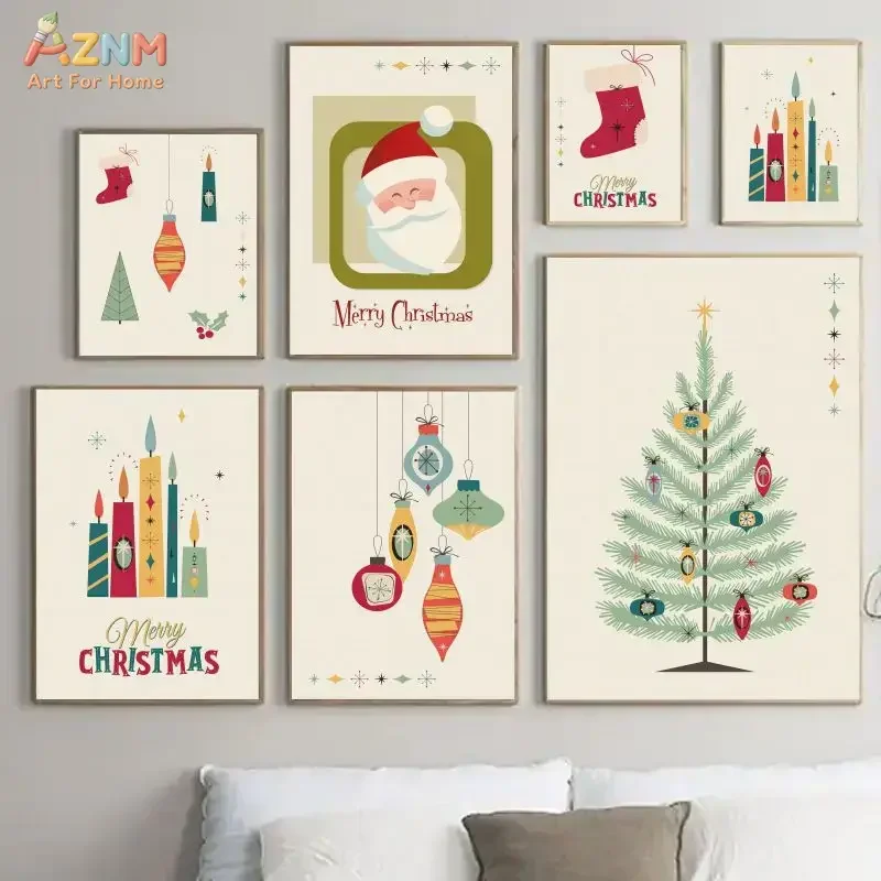 AZNM Retro Mid Century Christmas Canvas Wall Art Santa Claus Xmas Tree Ornament Candle Stocking Vintage MCM Holiday Print Poster