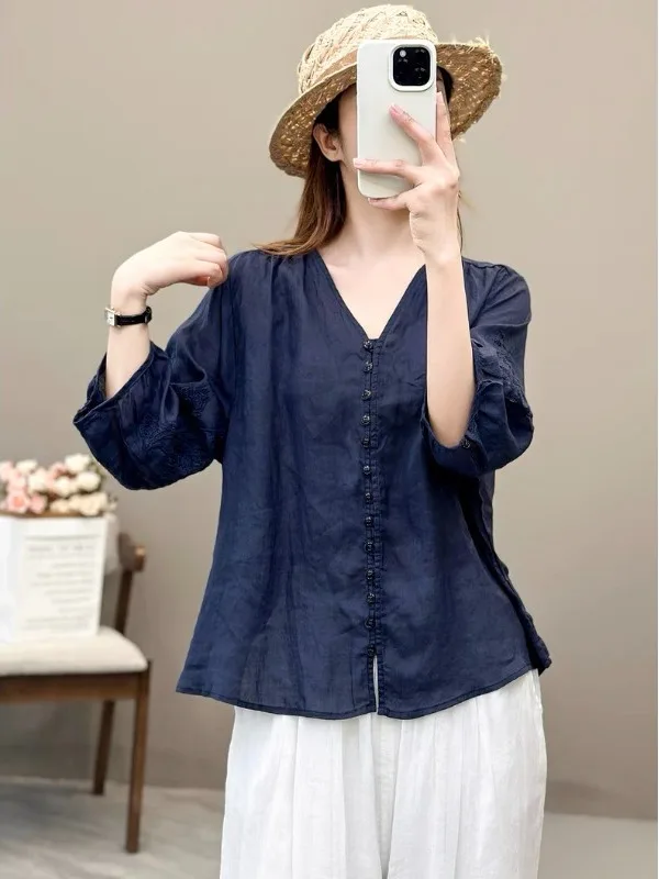 Ele ein Baumwoll-Leinen-gesticktes irt für Damen, Sommer, Übergröße, Bauch, kaschierend, schlankmachend, Seven Sve Damen irt