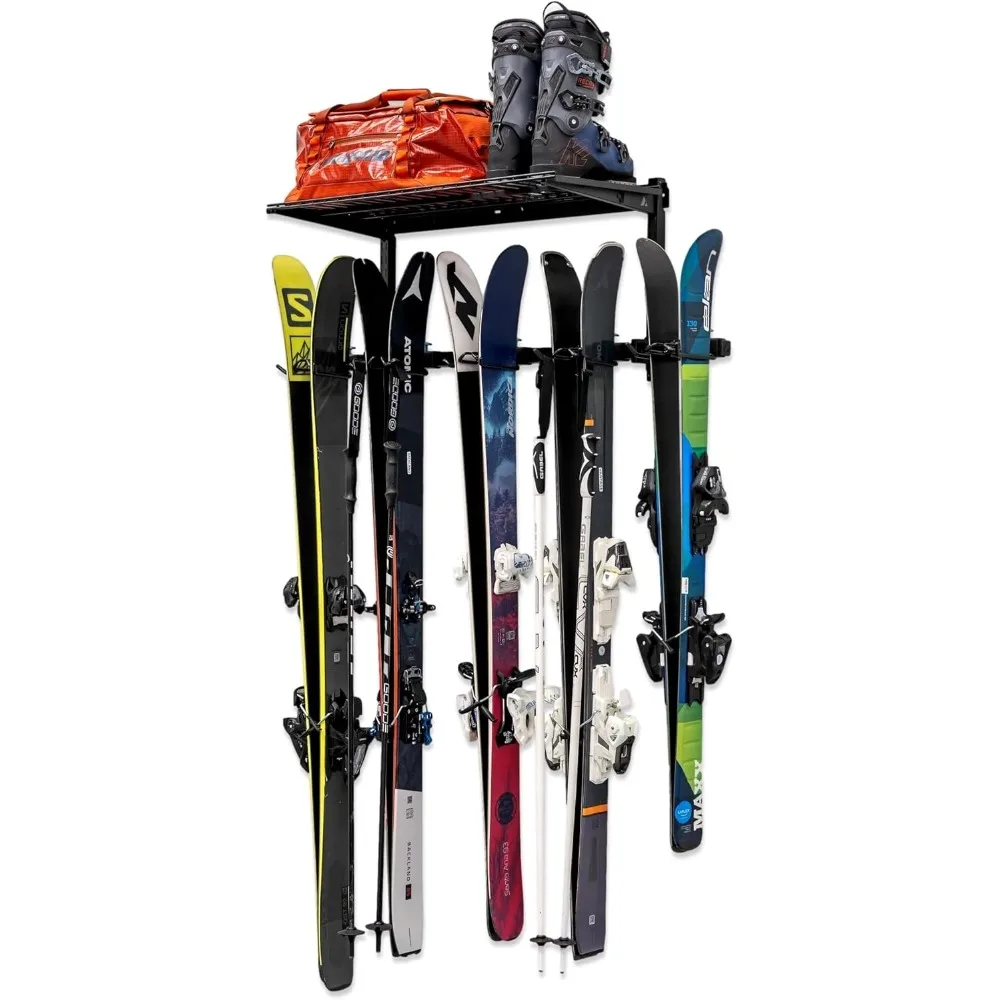 Ski Storage Rack and Wall Shelf, Holds 5 Pairs of Skis and Poles, Supports 300 lbs, 46 in x 13.75 in x 16 in