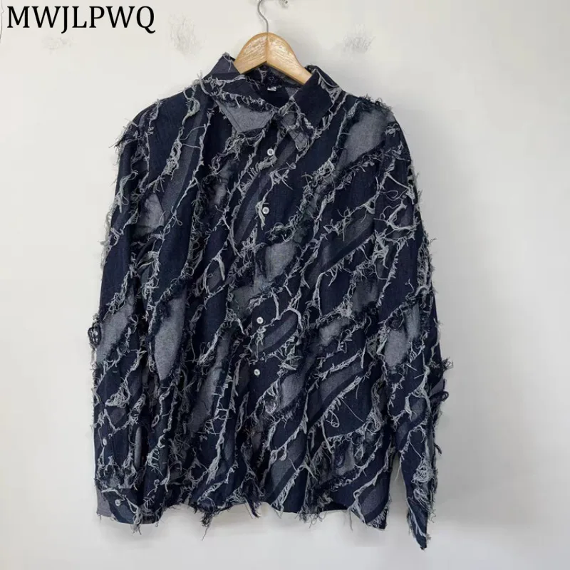 

MWJLPWQ Frayed Edge Design Denim Shirt Men's Distressed Streetwear Lapel Single Breasted Niche Versatile Top Autumn Winter 21045