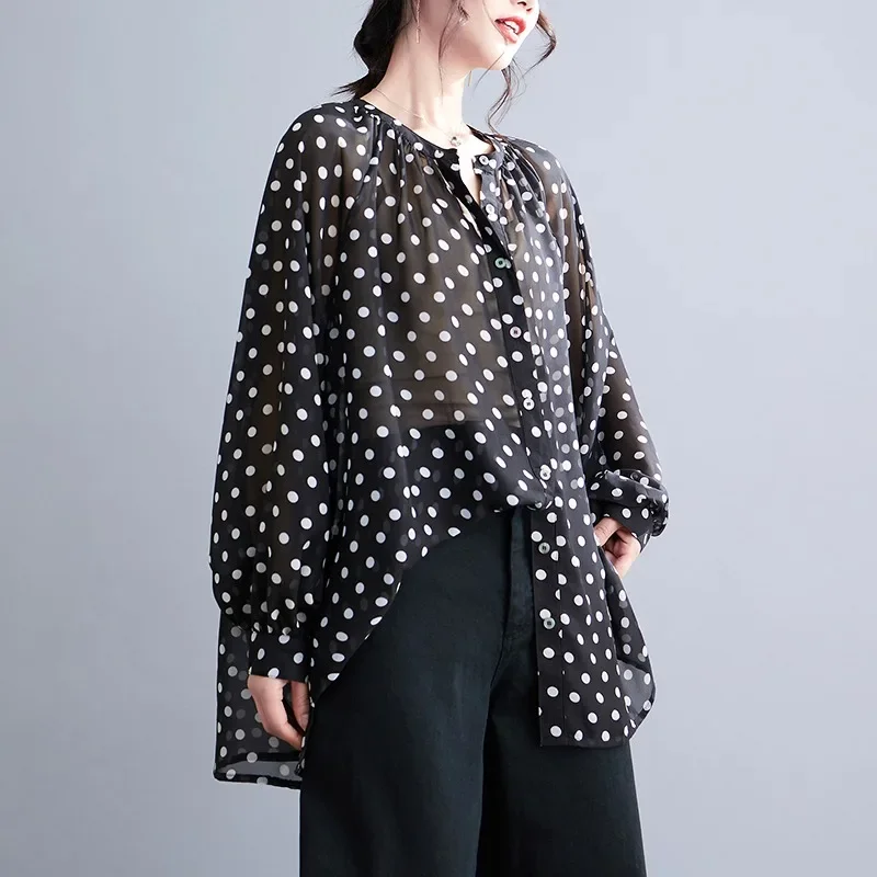 New Fashion Early Summer New Chiffon Polka Dot Shirt Women\'s Long Sleeved Top Comfortable Women\'s Clothing Plus Size