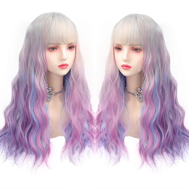 Cosplay Wig with Bangs Long Straight Wavy Heat-resistant Synthetic Hair Wig Ombre Silver Purple Blue Synthetic Wigs for Women