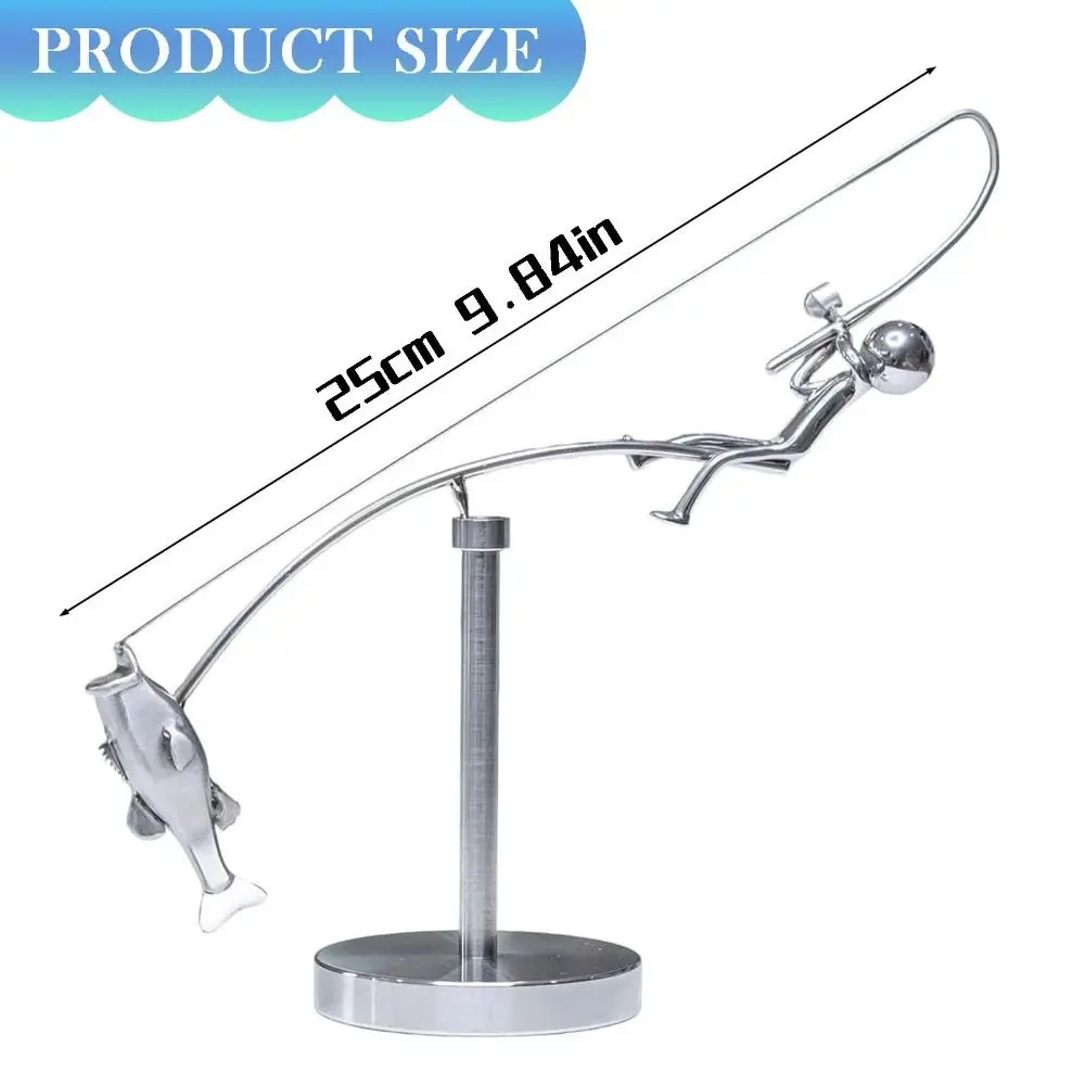 Handmade Kinetic Fishing Sculpture Desk Ornament Metal The Fisherman Balancing Sculpture Gift Kinetic Balance Art Statue
