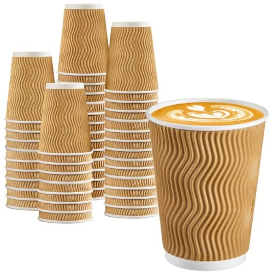

100 Pack 12 oz Coffee Cups, Disposable Insulated Hot Cups To Go Paper Coffee Cups, Corrugated Ripple Wall Cup for Hot Drink, Of