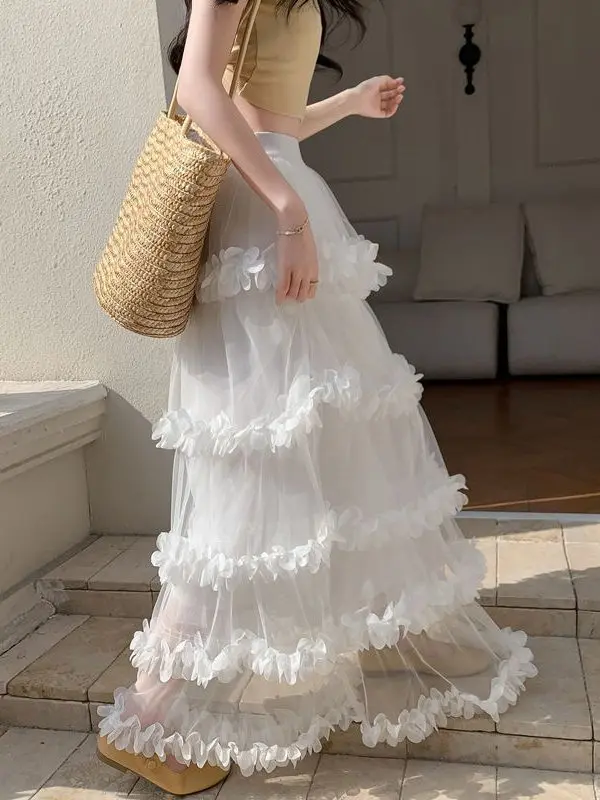 

Милая юбка-торт с цветочным принтом, длинная женская весенне-летняя новая белая юбка-зонтик с запеченным дизайном и высокой талией, Commute Ele