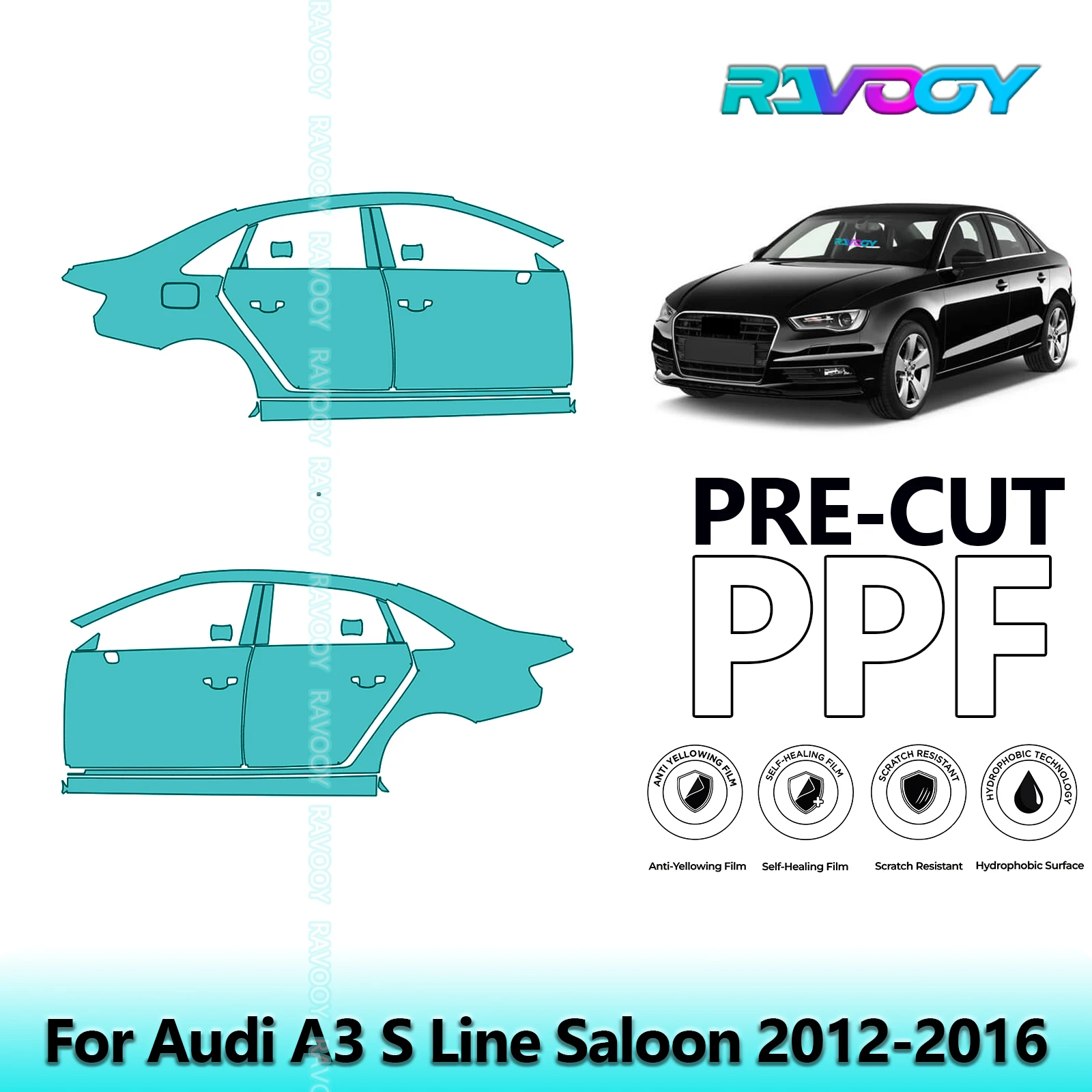 

For Audi A3 S Line Saloon 2012-2016 8.5mil Clear Matte Pre-Cut PPF Door & A/B Pillar Kit TPU Paint Protection Film Set