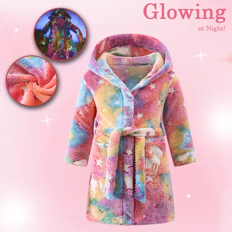 Winter Children's Flannel Bathrobe with High-Density Fabric for Warmth and Comfort, with Luminous and Cute Printed Pattern.