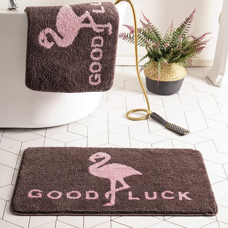 VIKAMA Flamingo Good Luck Badezimmermatte, weicher Plüsch, rutschfest, wasserabsorbierend, für Dusche, Badewanne, Eingang, Heimdekoration