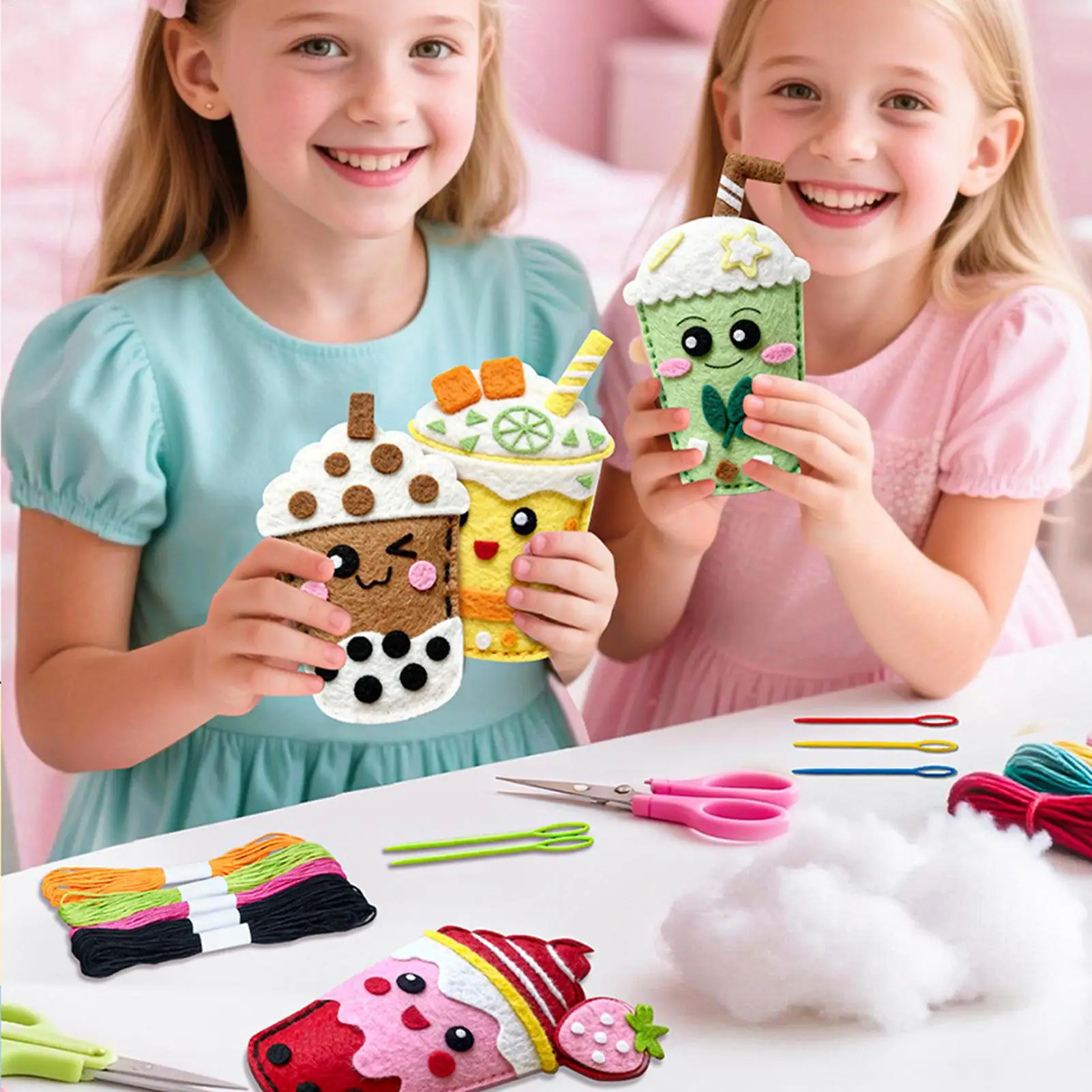 Kids Sewing Kit Make Milk Tea Purse Charm Girls Sewing Kit for Art Project Doll Making Home School Activity Play Art Project