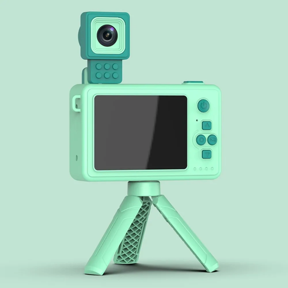 Crianças flip bloco de construção câmera 48mp hd lente flip com suporte dos desenhos animados crocodilo haste brinquedo educativo fotografia digital starter