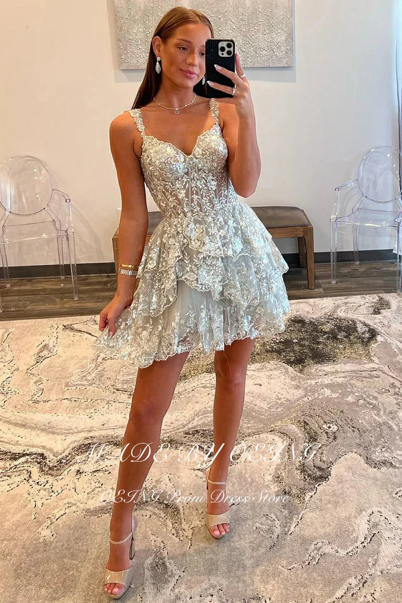 OEING Glitter Short Prom Dress Sexy Spaghetti Strap Appliques Lace Mini Party Dresses Formal Evening Gown Vestidos De Fiesta