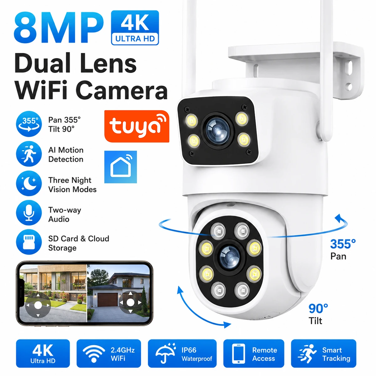 Tuya Dual-Lens Dual-Screen Security Camera 4K 8MP PTZ Outdoor WiFi IP Cam with AI Human Auto Tracking CCTV Surveillance for Home