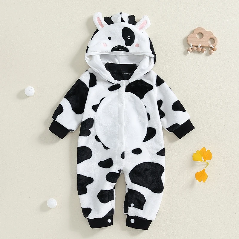 0-18months Baby Long Sleeve Romper Casual Cow Pattern Button Hooded Toddler Jumpsuit For Newborn Girl Boy Cute Clothes