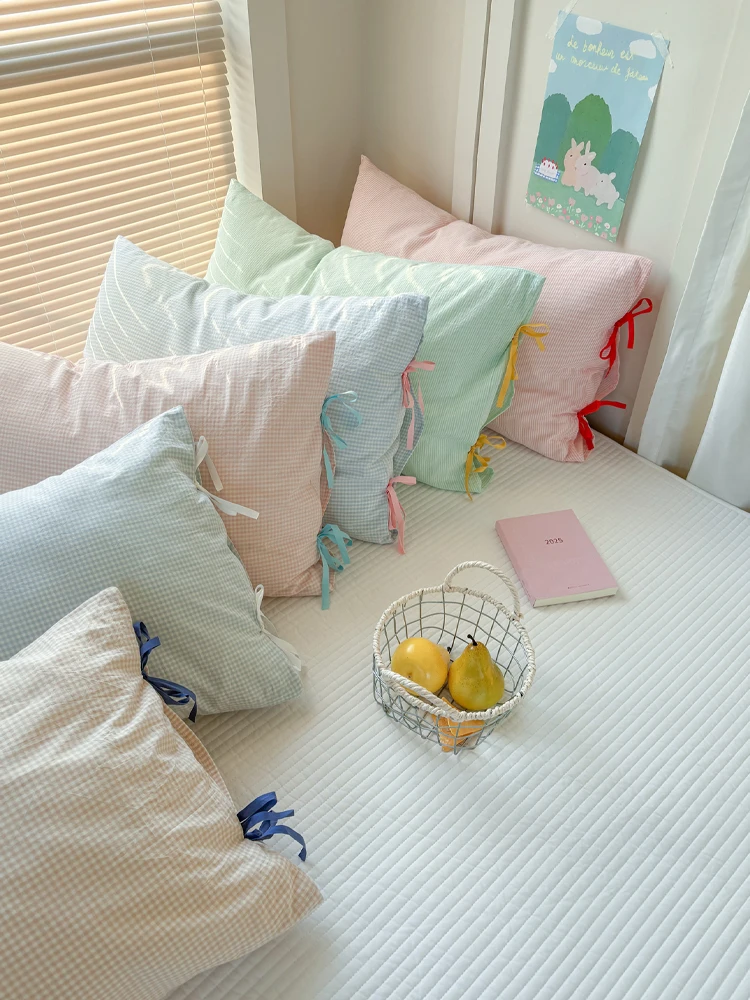 

Pure Cotton Pillowcase Single Item Plaid Knot Simple Style Machine Washable Universal for Girls Bedding Accessories