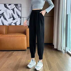 Winter Plush and Thickened Harlan Autumn/Winter Women's High Waisted Elastic Pockets Folds Fashion Solid Color Straight Pants