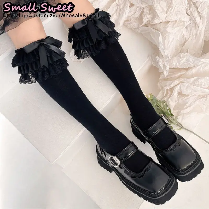Japanese Women Multi layer fold lace JK bow Lolita sweet Y2K girl lovely soft knee-high calf socks stacked Mary Jane socks