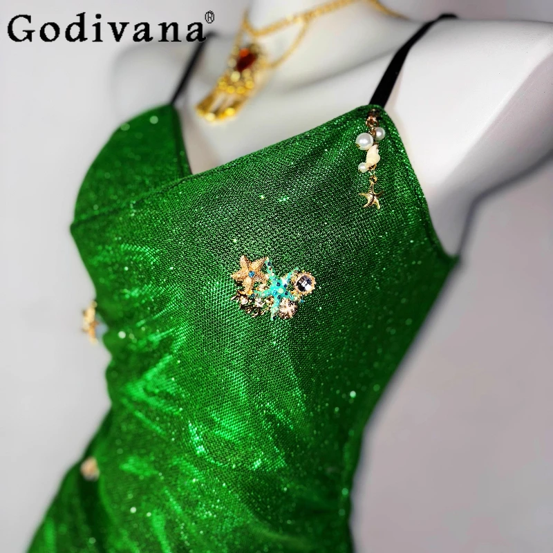 Abito da principessa verde originale fatto a mano per donna Abito sexy a coda di pesce avvolgente a vita alta Abito Lolita senza maniche femminile