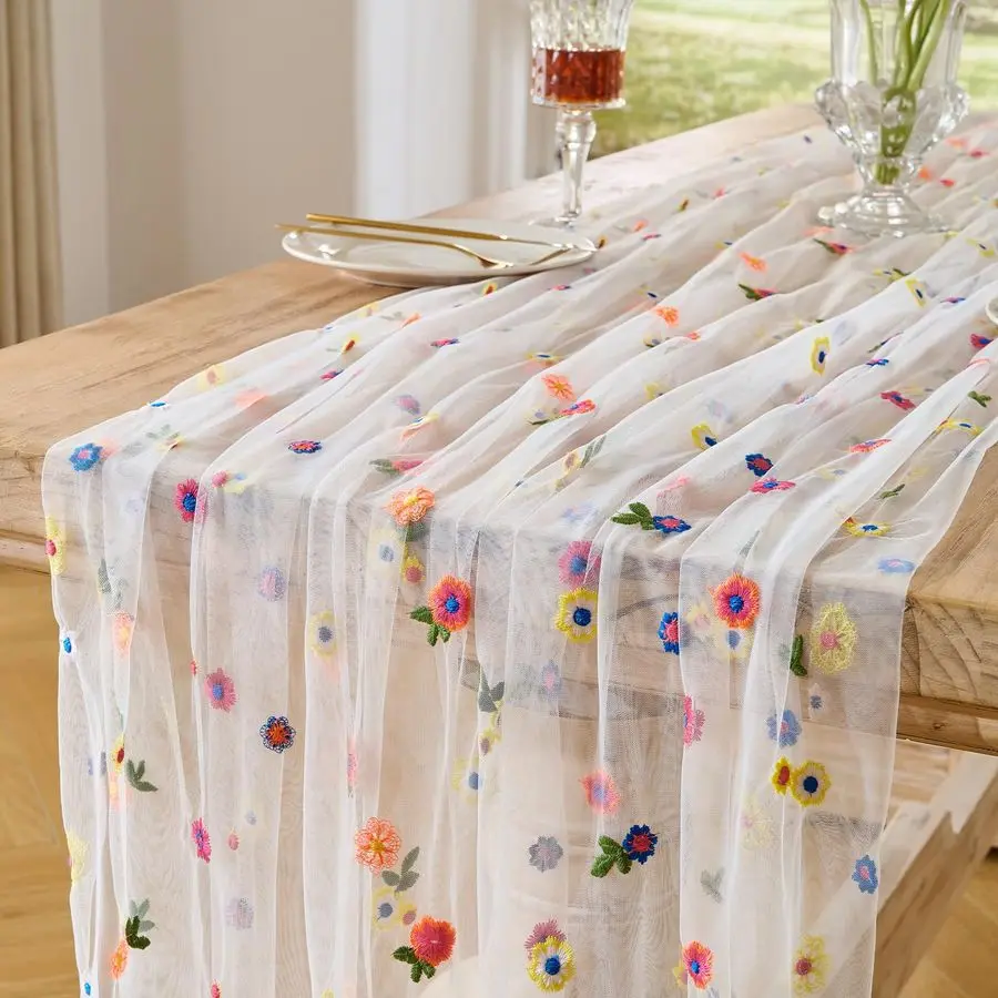 

6pcs Ivory Daisy Fall Table Runner Embroidery Gauze 10FT Florals Seasonal Tulle Holiday Birthday Kitchen Dining Table Decor for