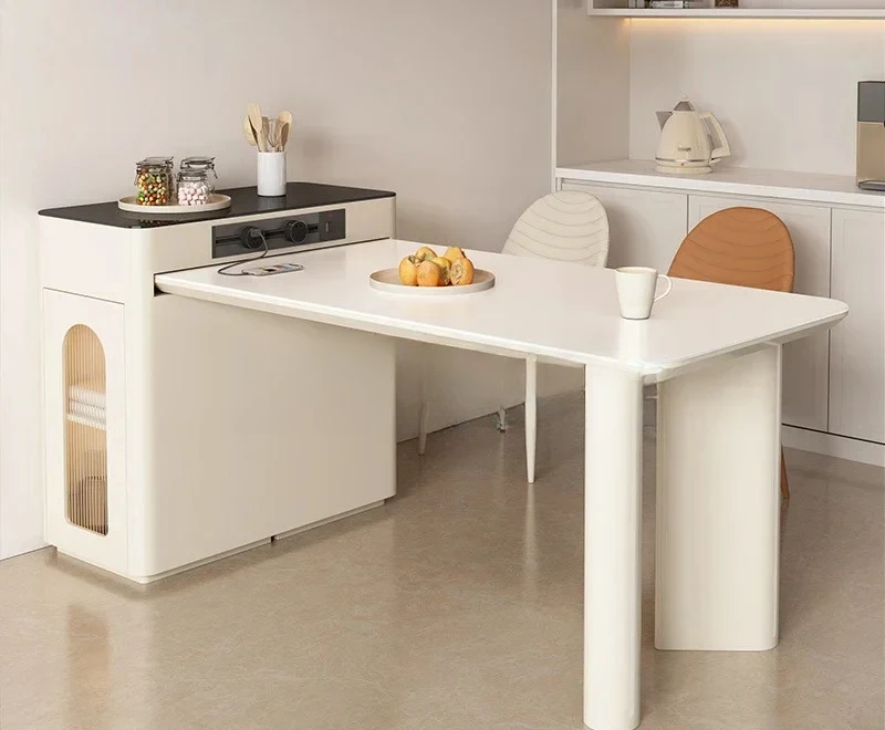French small apartment island dining table integrated retractable rock slab simple modern home