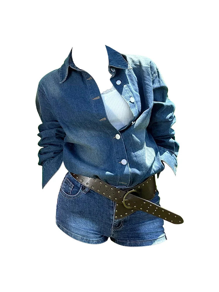 American Design Style Women's Long Sleeve Denim Shirt Jacket Top And Bottom Set Fashionable Versatile Autumn Outfit Two-Piece... view 2