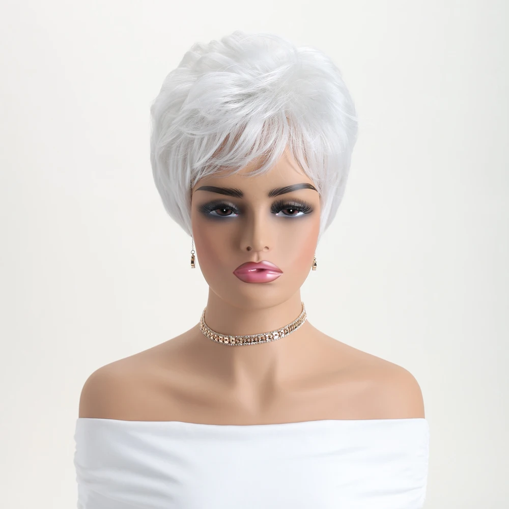 10 인치 합성 가발 여성용 천연 가발 짧은 곱슬 흰색 가발 일일 파티 크리스마스 할로윈 결혼식 내열성 머리카락