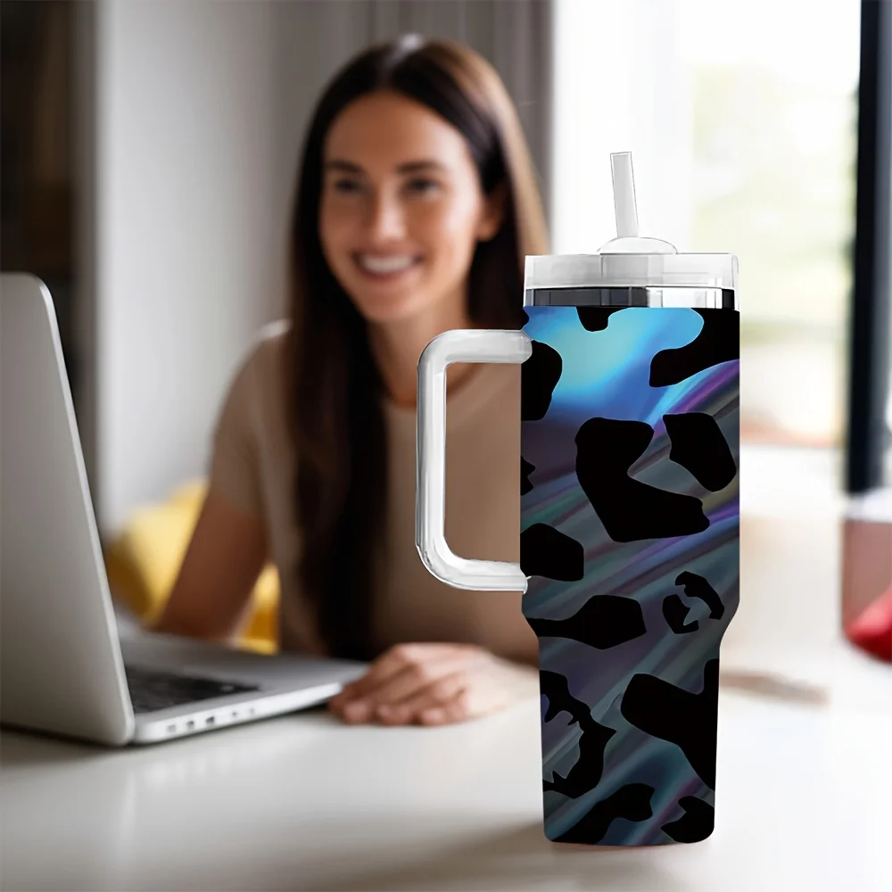 Trendy Holographic Black Leopard Print Water Tumbler with Handle And Reusable Straw Suitable for Daily Outdoor And Indoor Use