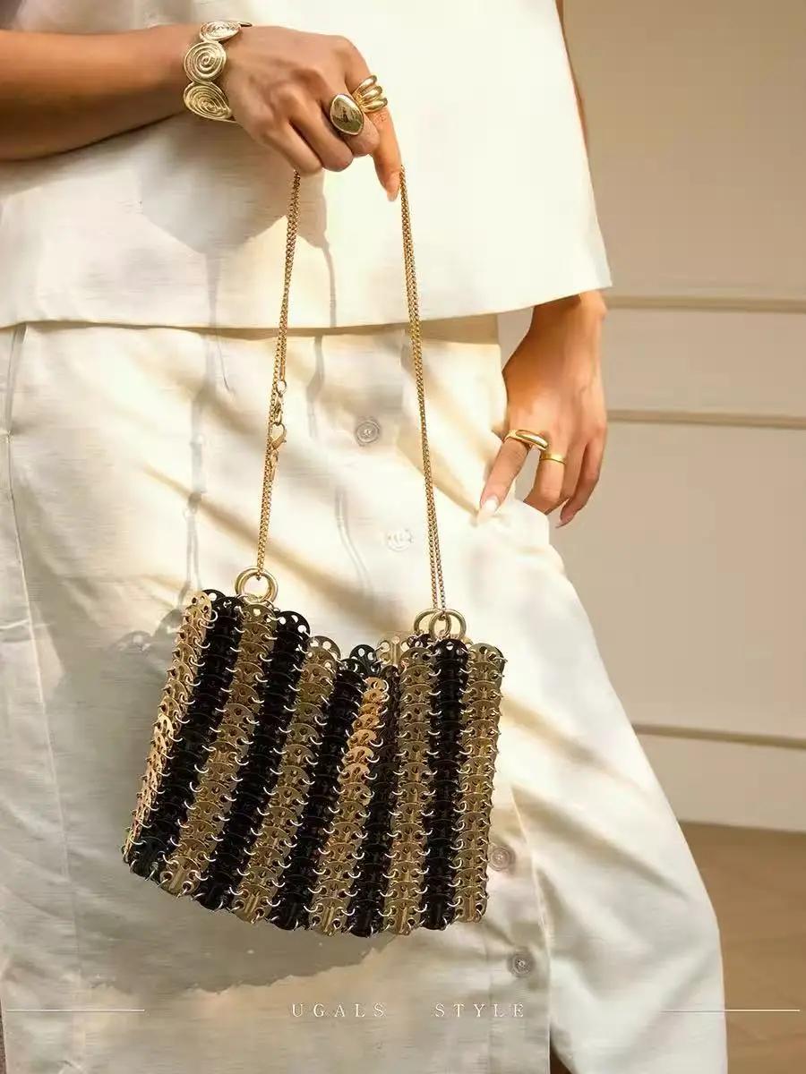 

Shiny Metal Sequined Woven Handmade Square Bag High Quality Fashion Clutch Purse Luxury Women Handbag Shoulder Crossbody Bag