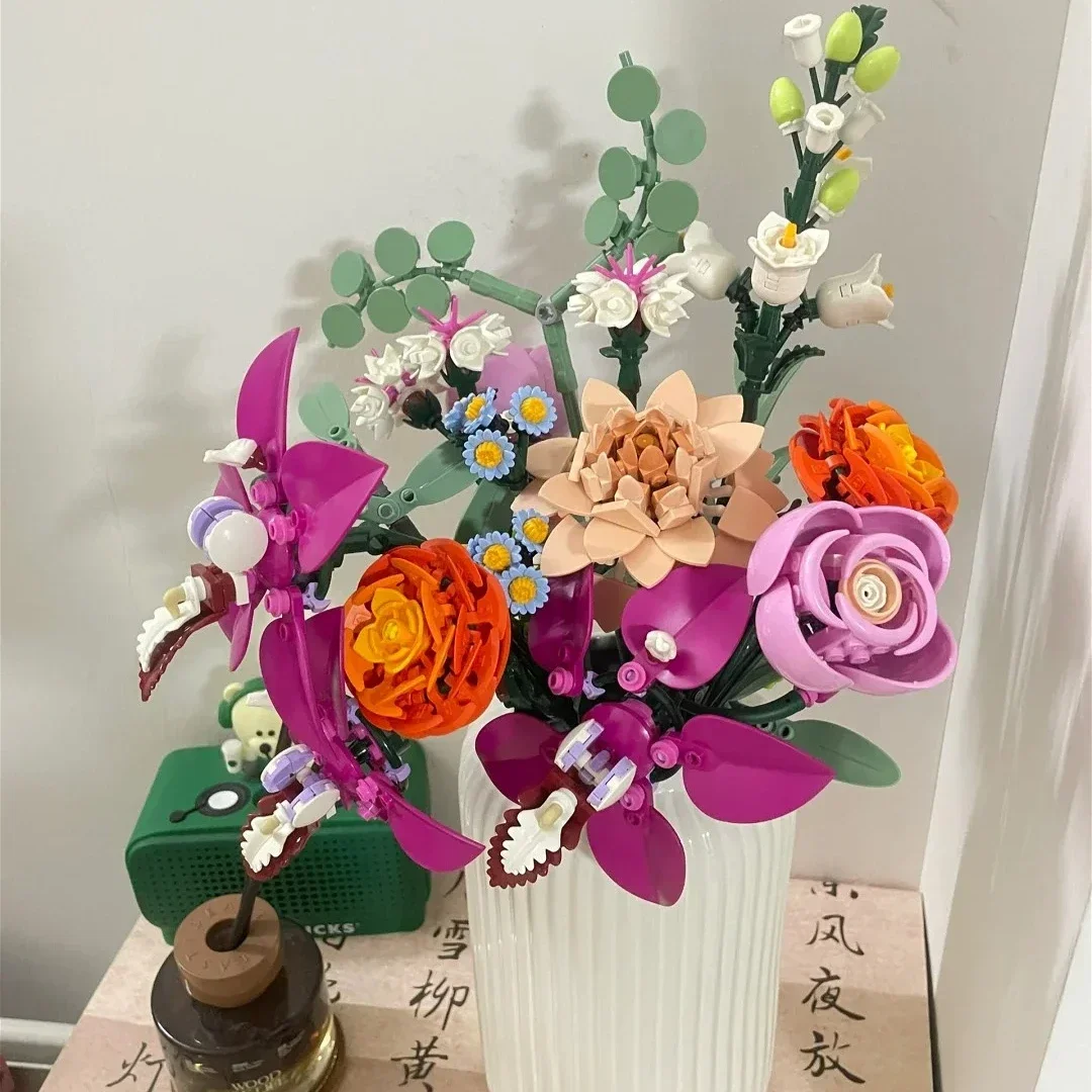 2025 NIEUWE Romantische Mooie Roze Bloem Boeket Bouwstenen Creatieve Woondecoratie Kinderen Educatief Speelgoed Vakantie Geschenken 749 STKS