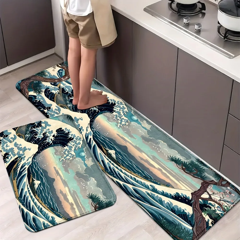 Japanese Ukiyo-e Wave Pattern Carpet Mat Rug Home Decoration Non-Slip for Kitchen Entryway Living Room Living Room Decoration