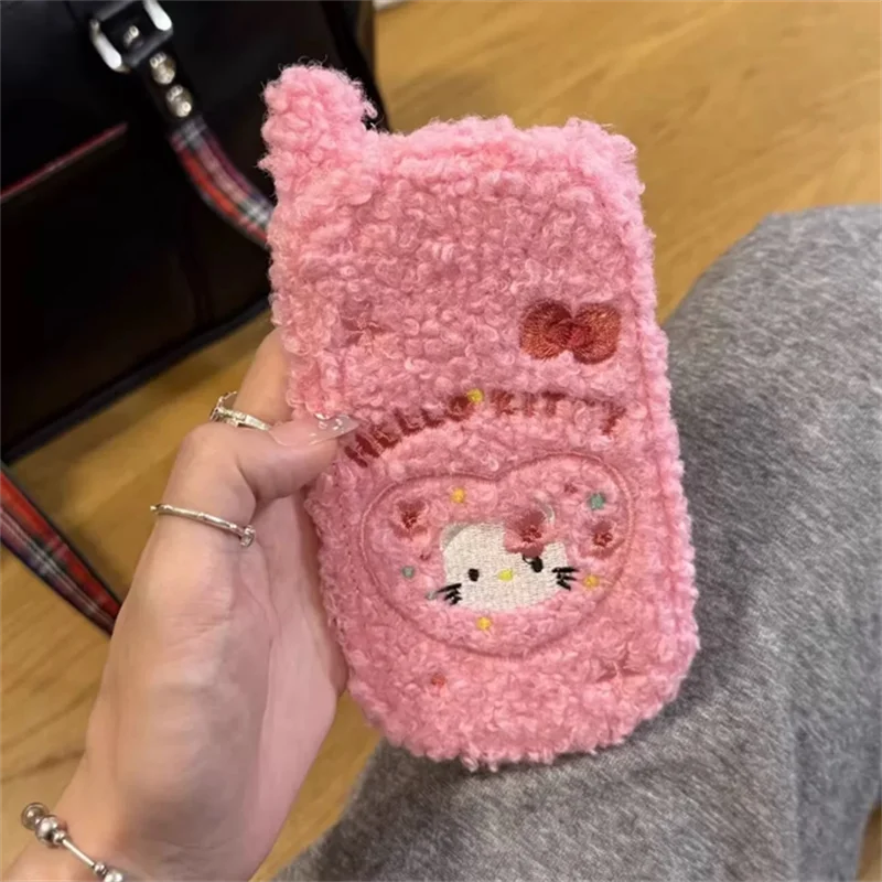 Cute Plush Pink Hello Kitty Mirror What About Cashmere Wool Warmth Flip Phone Case For iPhone 16 15 13 Pro Max KT furry Protect