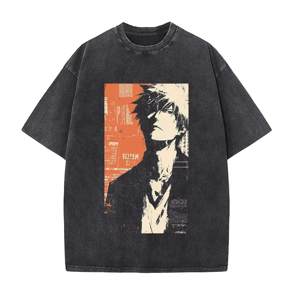 Kurosaki Ichigo BLEACH Anime Clothing Men Women Oversized T-shirts Short Sleeve Washed Retro Cotton Graphic Tee Streetwear Tops