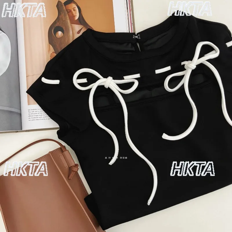 

Sweet Cool High Street Contrasting Color Hollow Lace Up Black T Shirt Women Summer New Slim Round Neck Short Top Hot Girl Tshirt