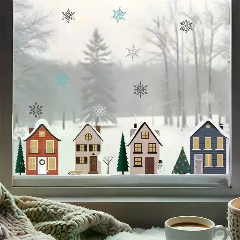 Christmas Houses Window Stickers Removable Self-adhesive Double Sided Snowflakes Xmas Tree Wall Glass Decals For Home Decoration